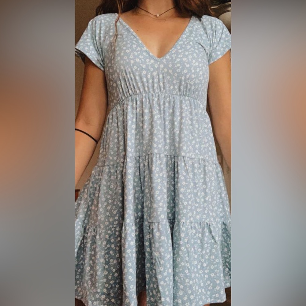 Urban Outfitters Blue Dress with  White Floral Pattern. V- neck Short Sleeve  XL